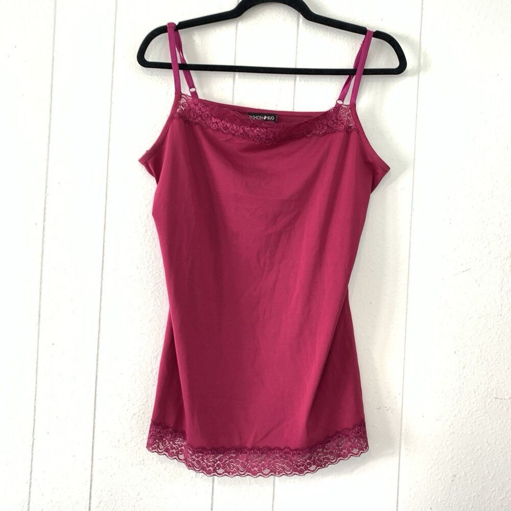 Fashion Bug Womens 0X Tank Top Lace Trim Pink 90s Y2K Style Preppy Spaghetti